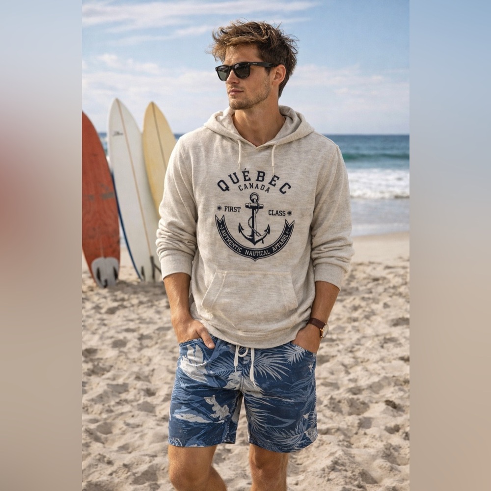 Quebec Canada Nautical Hoodie w/Kangaroo Pocket • Raw Hem• Medium • Streetwear